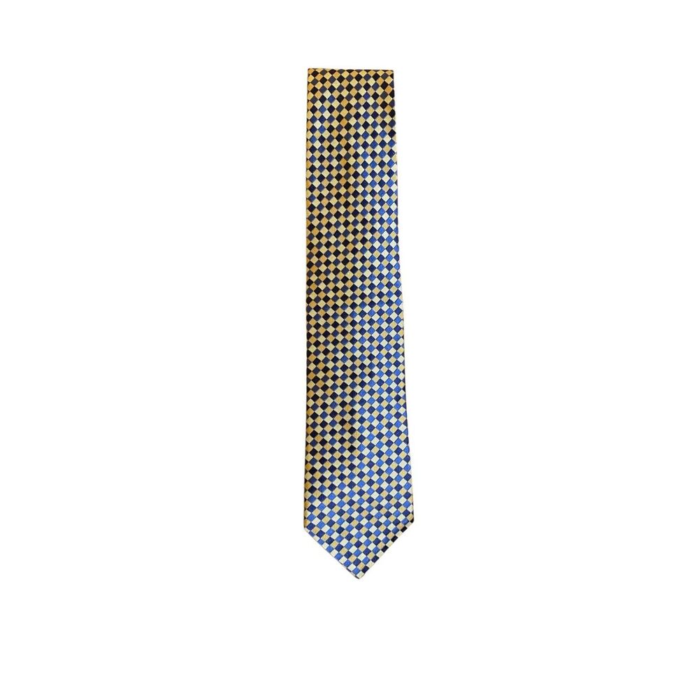 Tommy Hilfiger, men’s vintage, yellow gold and blue diamond shaped 100% silk tie